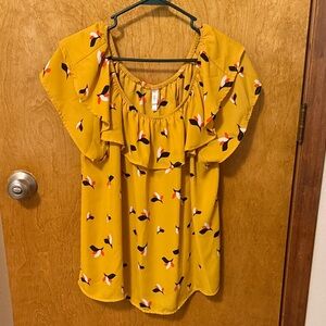 Xhilaration Mustard Yellow Ruffle Neck Floral Print Blouse